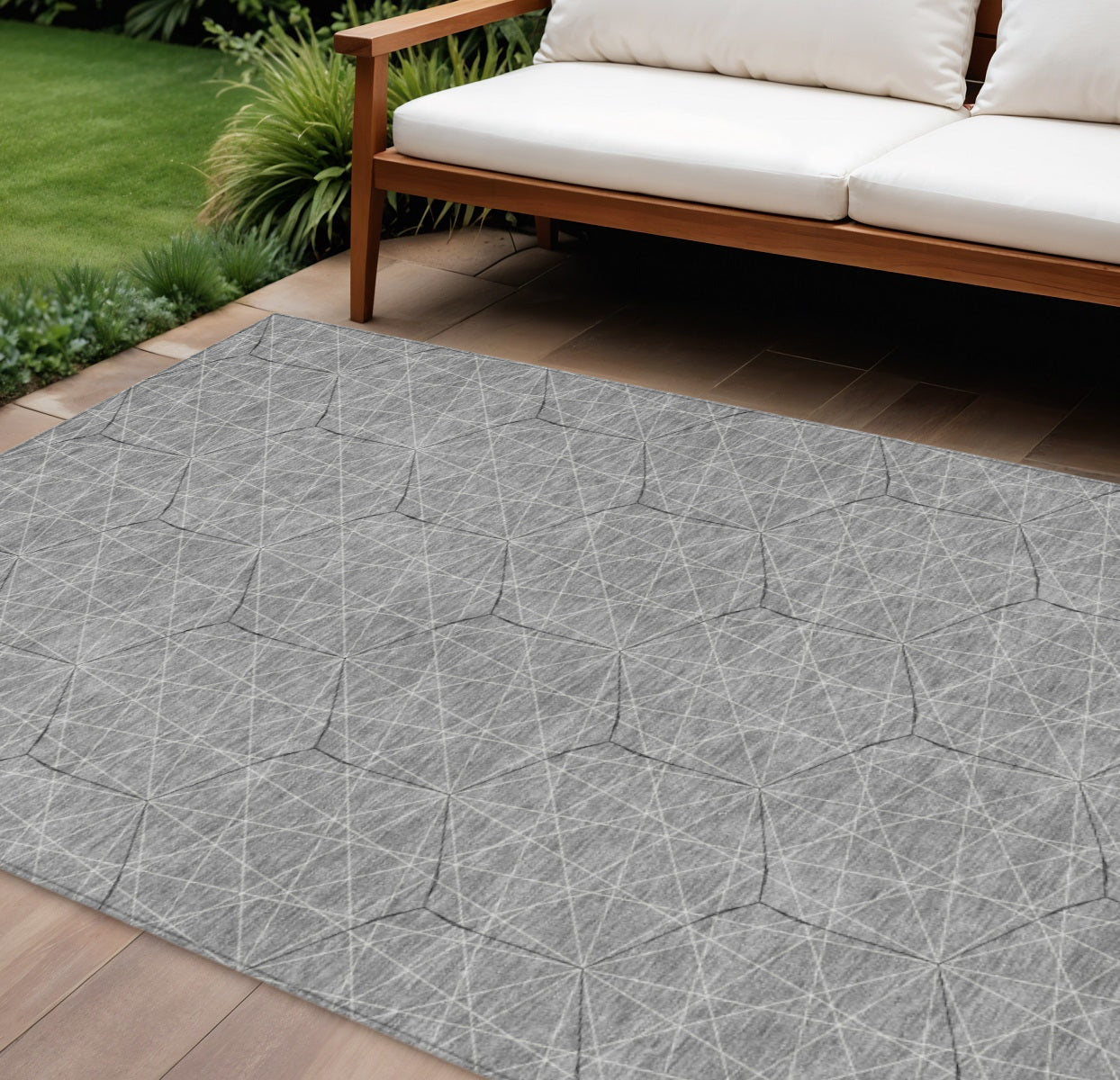 9' X 12' Gray Black And Ivory Geometric Washable Indoor Outdoor Area Rug