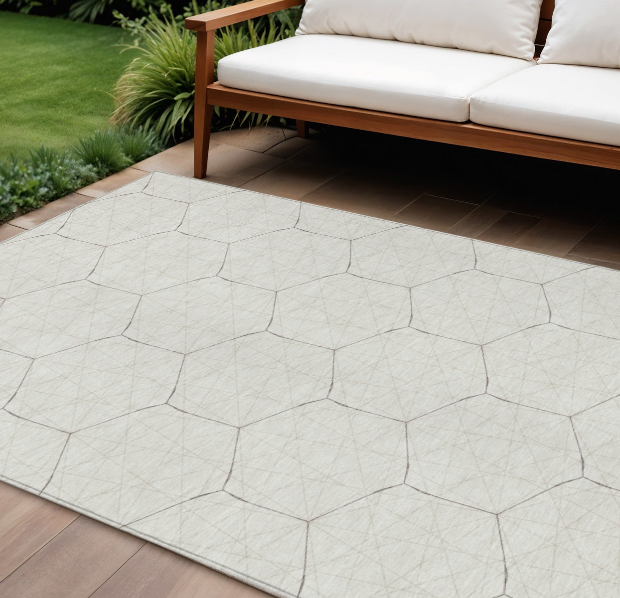 9' X 12' Ivory Beige And Black Geometric Washable Indoor Outdoor Area Rug
