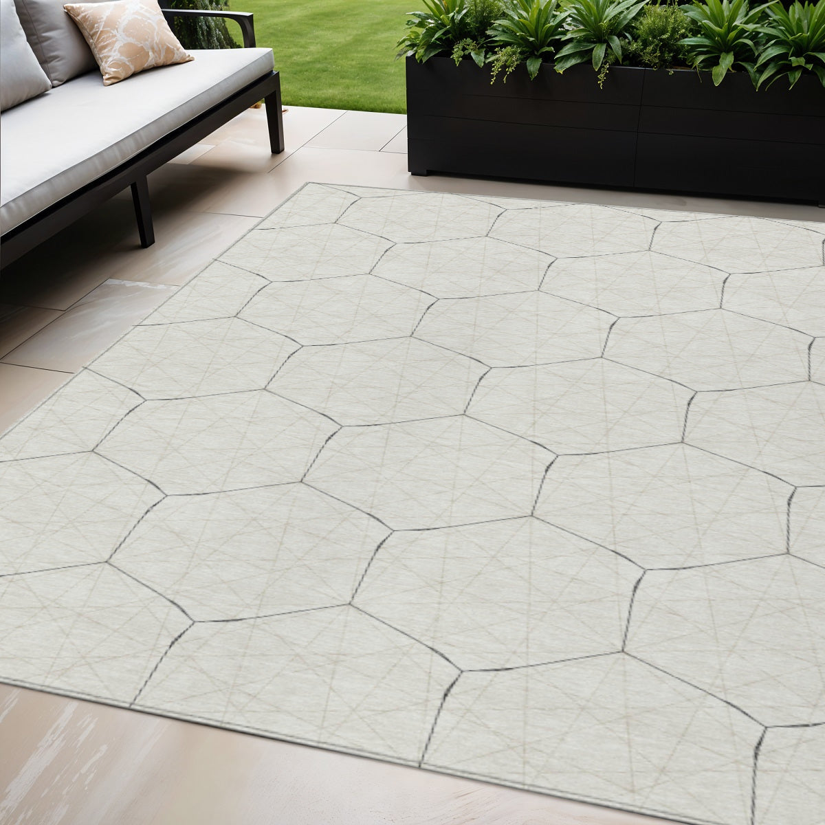 5' X 8' Linen Beige And Black Geometric Washable Indoor Outdoor Area Rug
