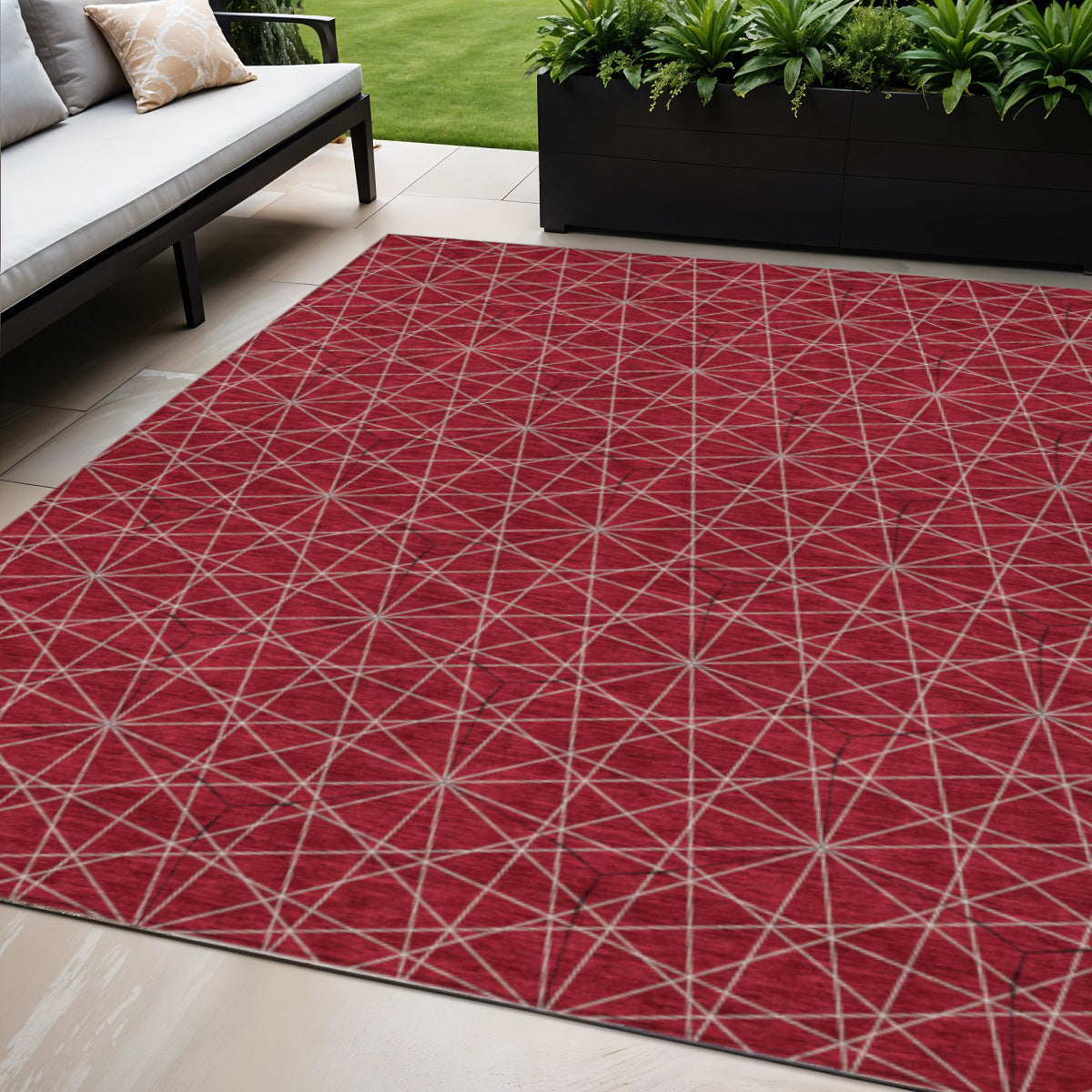 5' X 8' Red Black And Ivory Geometric Washable Indoor Outdoor Area Rug