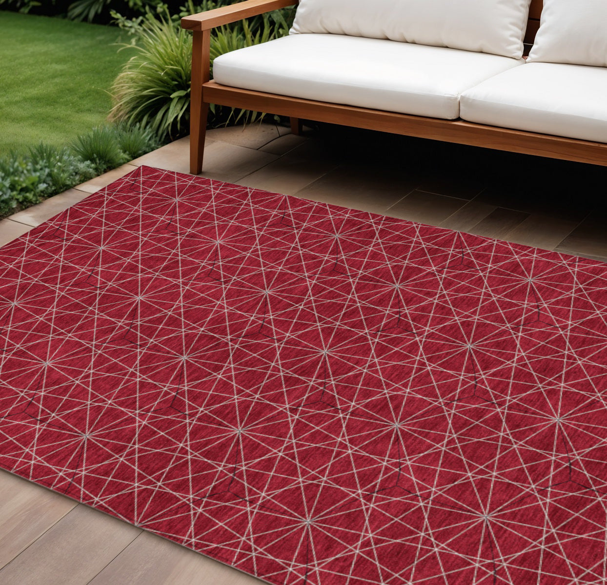 8' X 10' Red Black And Ivory Geometric Washable Indoor Outdoor Area Rug