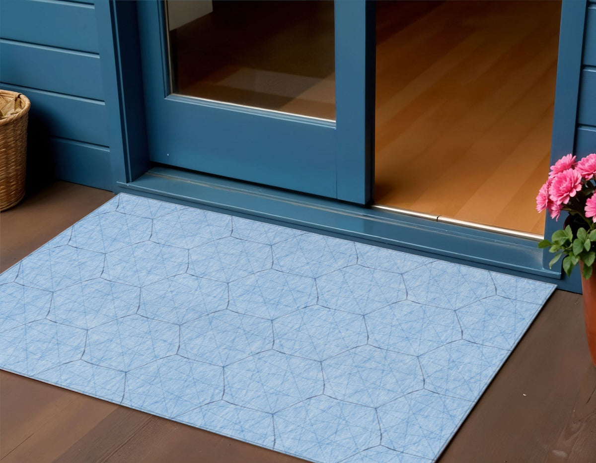3' X 5' Sky Blue And Black Geometric Washable Indoor Outdoor Area Rug
