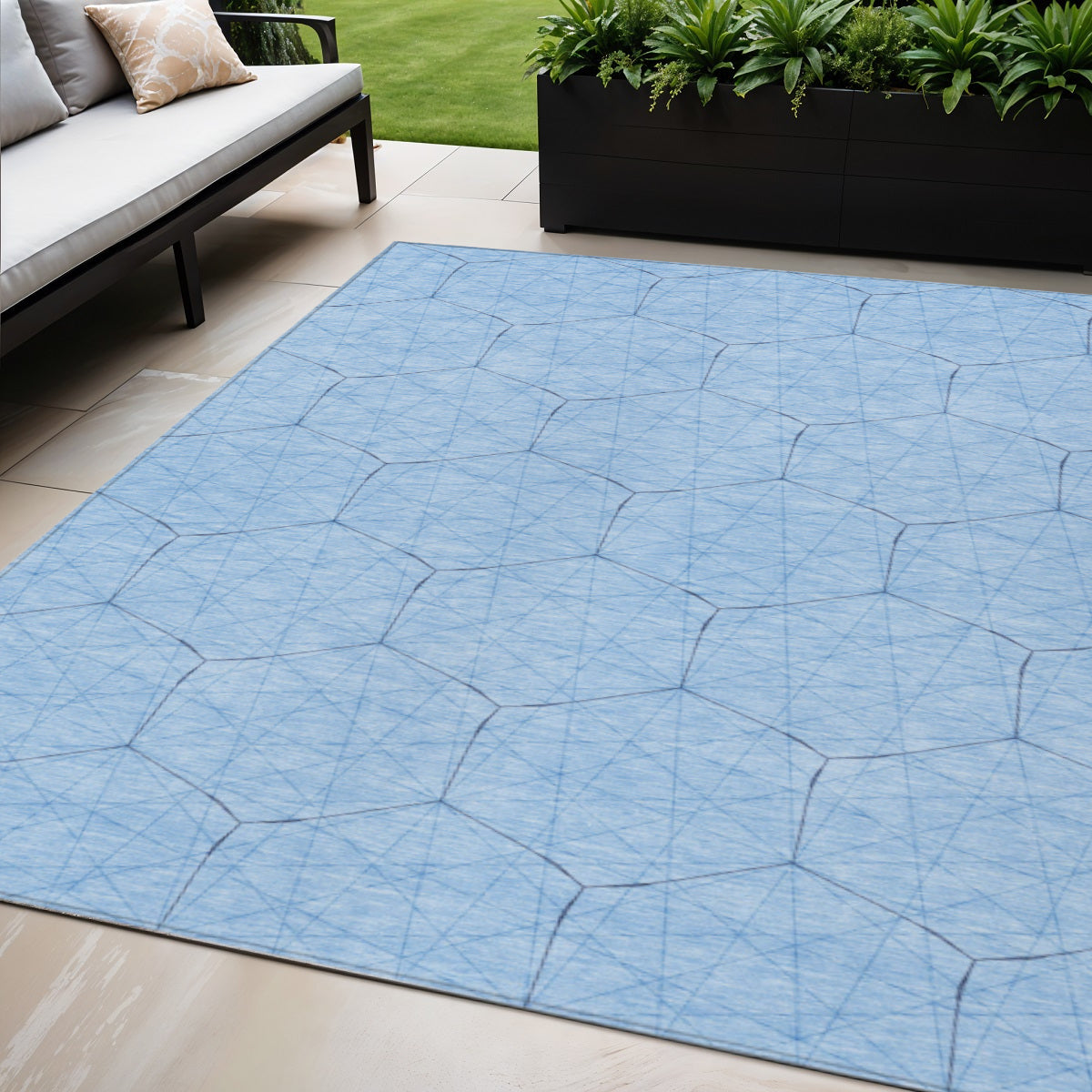 5' X 8' Sky Blue And Black Geometric Washable Indoor Outdoor Area Rug