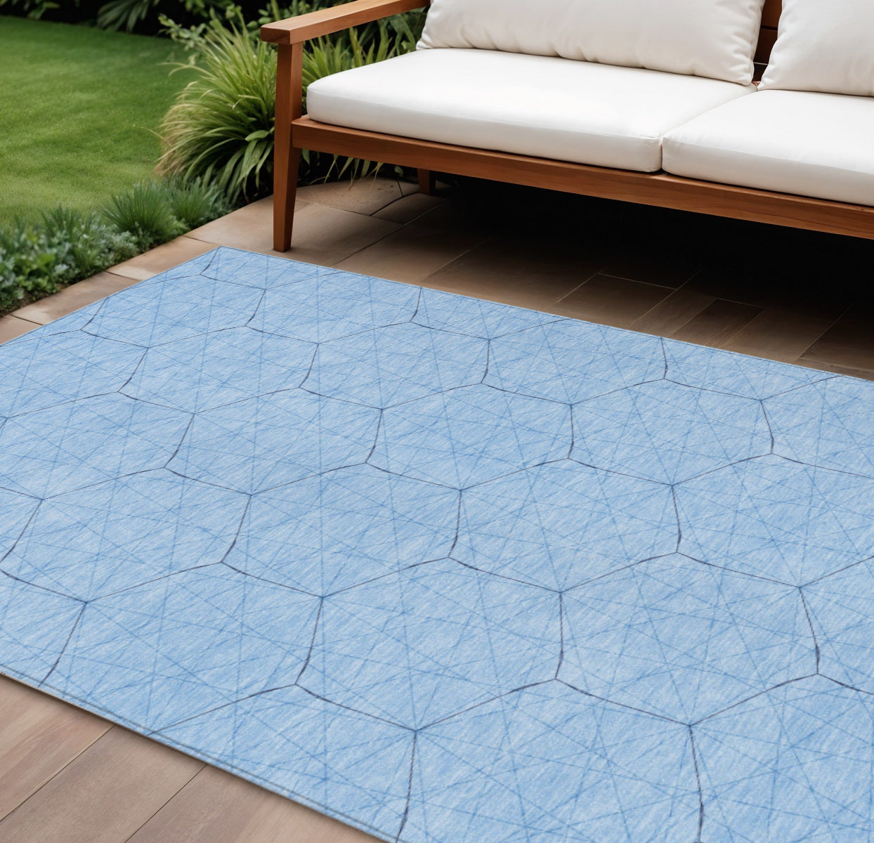 9' X 12' Sky Blue And Black Geometric Washable Indoor Outdoor Area Rug
