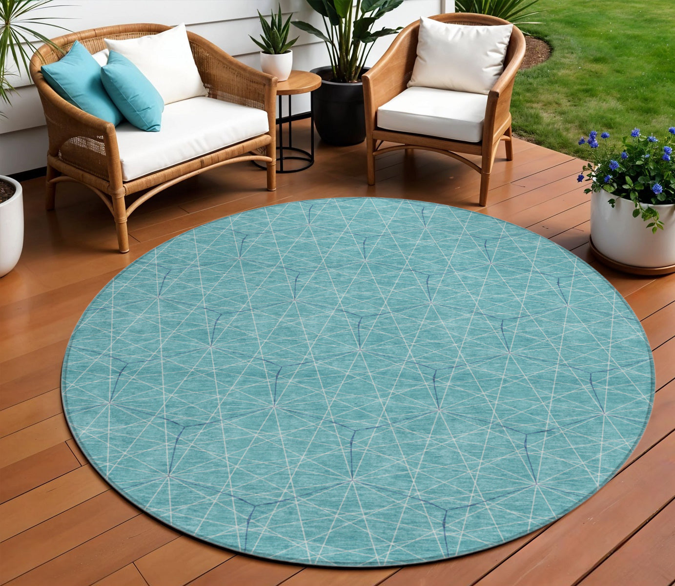 8' Teal Blue Black And Ivory Round Geometric Washable Indoor Outdoor Area Rug