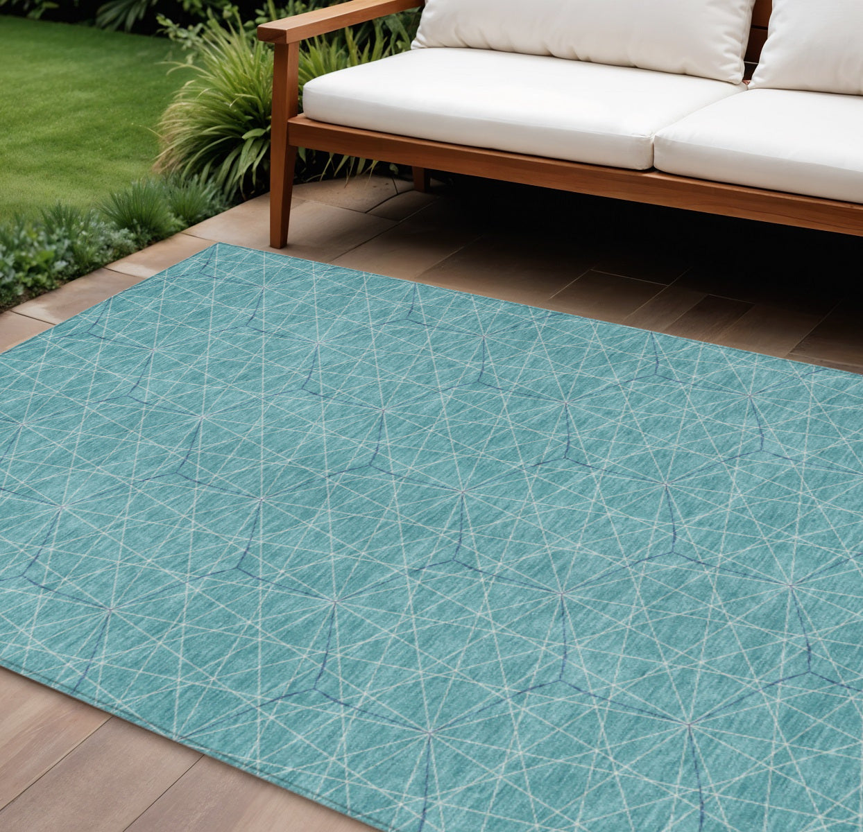9' X 12' Teal Blue Black And Ivory Geometric Washable Indoor Outdoor Area Rug