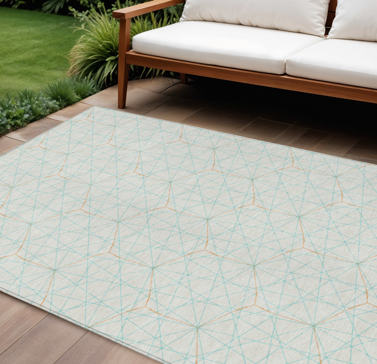 9' X 12' White Aqua And Copper Geometric Washable Indoor Outdoor Area Rug