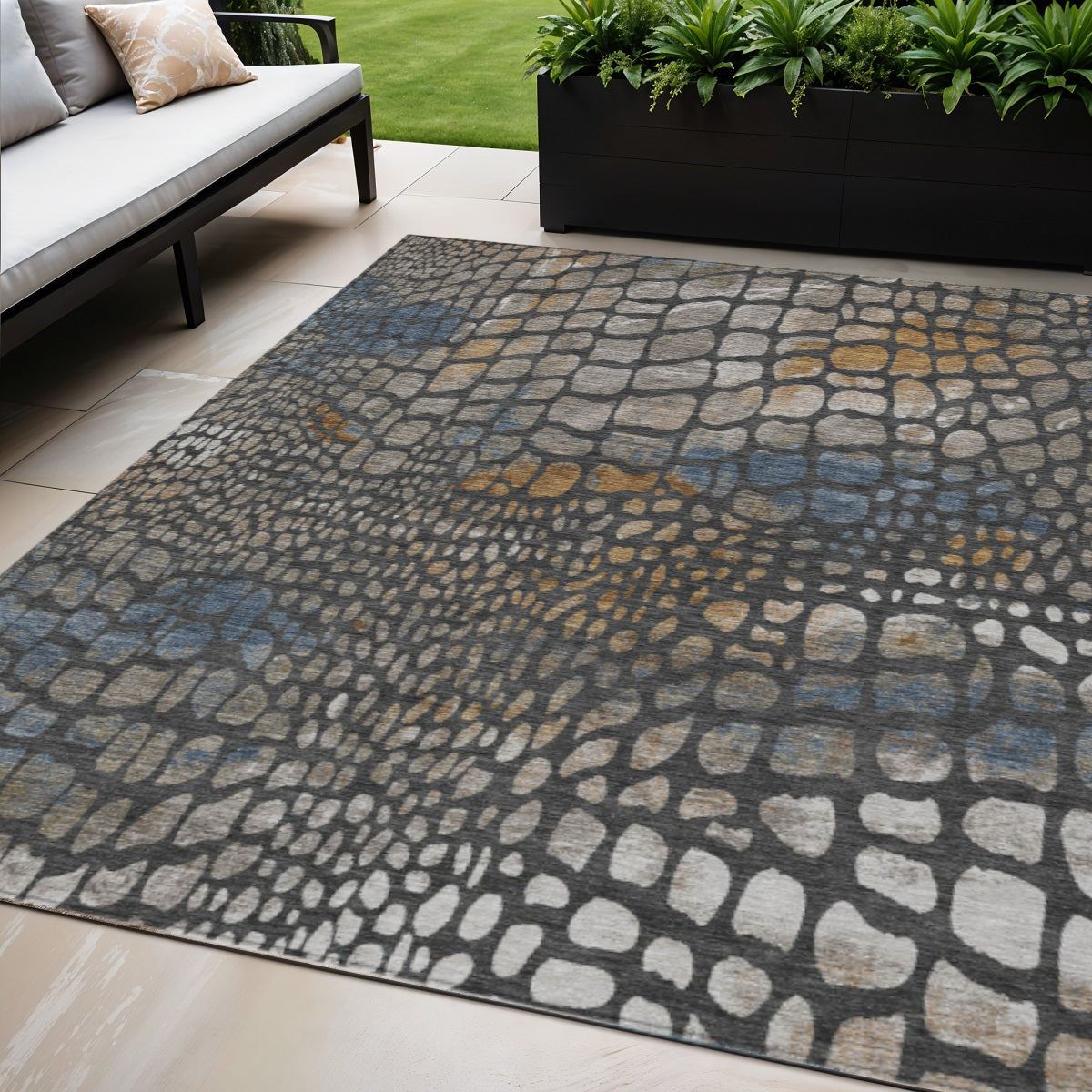 5' X 8' Charcoal Brown And Copper Abstract Washable Indoor Outdoor Area Rug