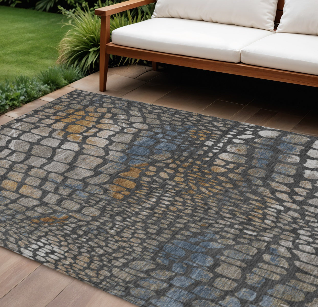 10' X 14' Charcoal Brown And Copper Abstract Washable Indoor Outdoor Area Rug