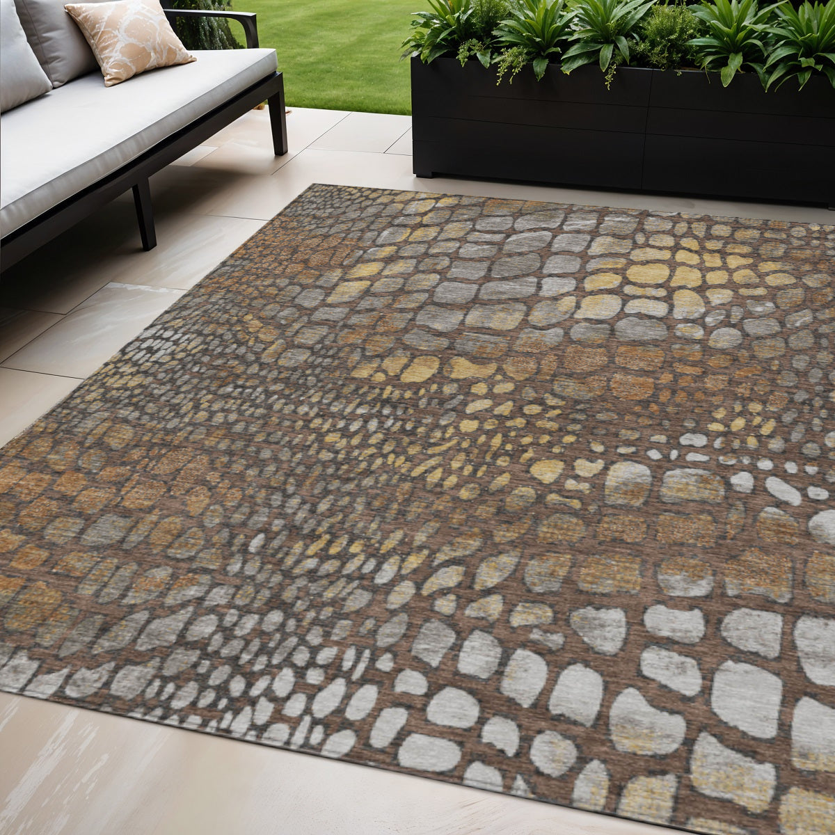 5' X 8' Chocolate Beige And Copper Abstract Washable Indoor Outdoor Area Rug