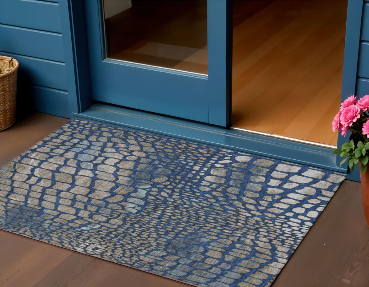 3' X 5' Navy Blue Gray And Brown Abstract Washable Indoor Outdoor Area Rug