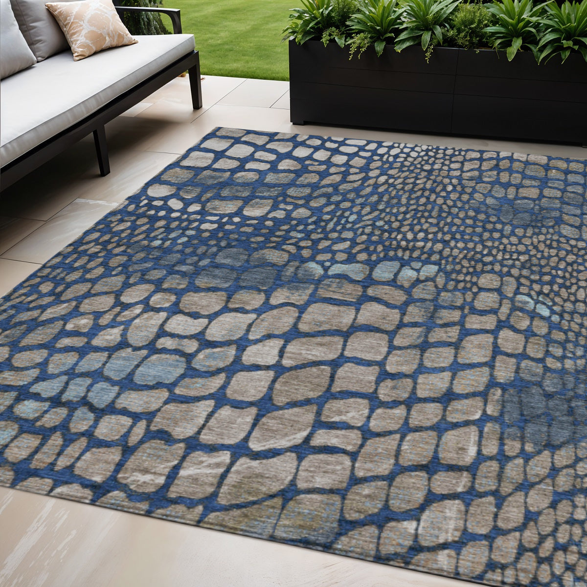 5' X 8' Navy Blue Gray And Brown Abstract Washable Indoor Outdoor Area Rug