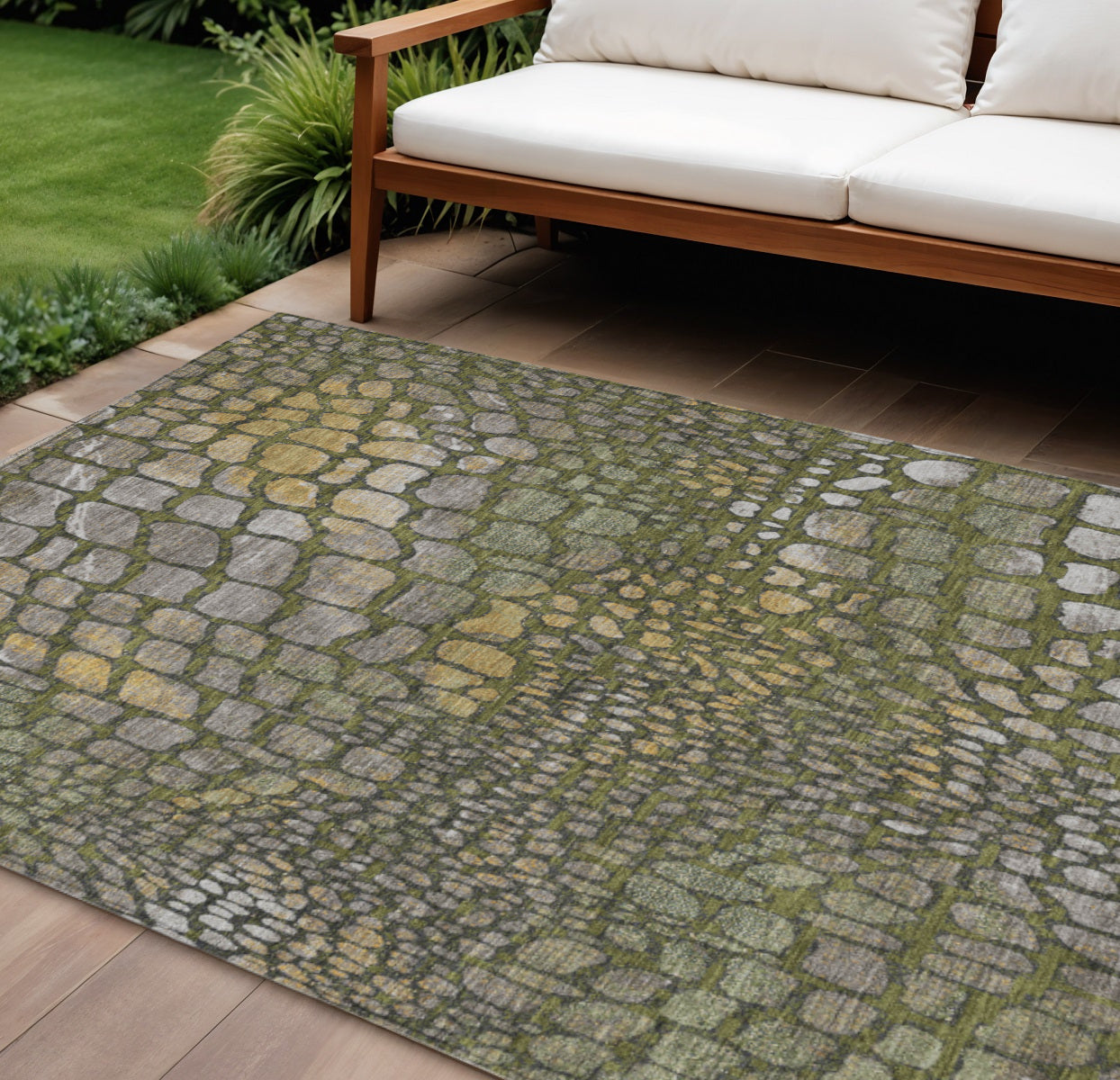 9' X 12' Olive Green Brown And Gold Abstract Washable Indoor Outdoor Area Rug