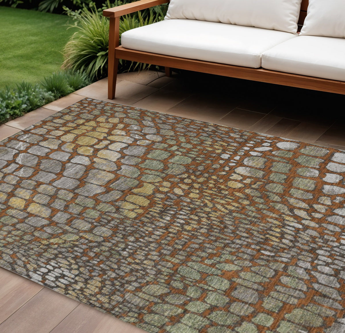 9' X 12' Copper Gold And Brown Abstract Washable Indoor Outdoor Area Rug