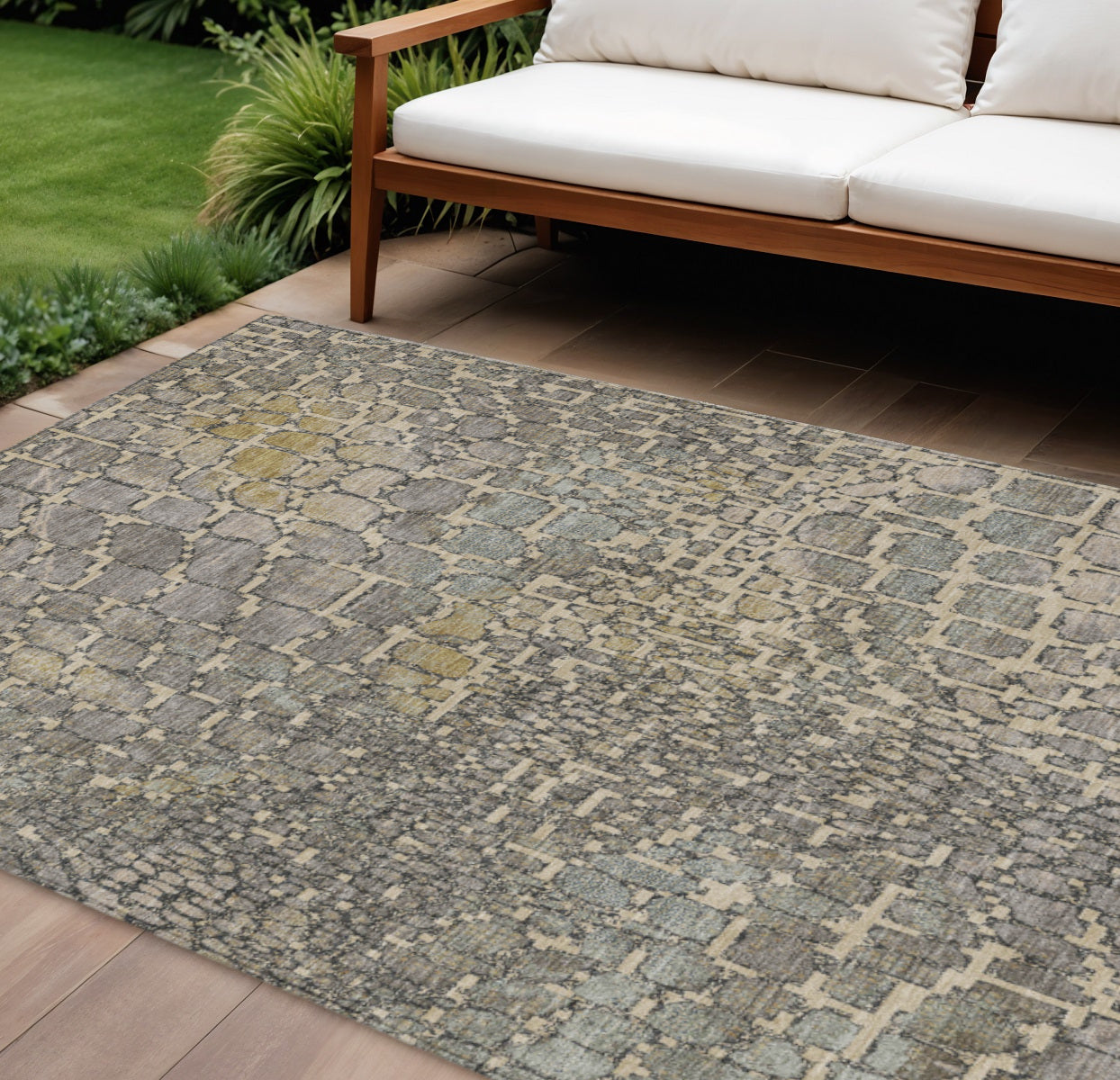 9' X 12' Ivory Gray And Black Abstract Washable Indoor Outdoor Area Rug