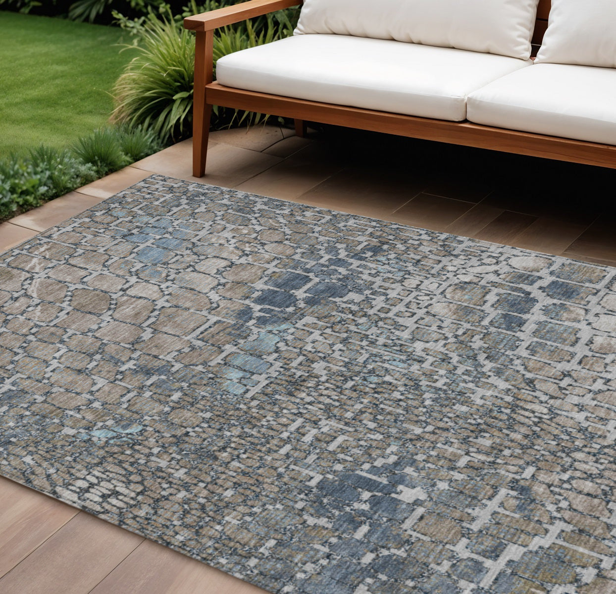 9' X 12' Silver Blue And Brown Abstract Washable Indoor Outdoor Area Rug