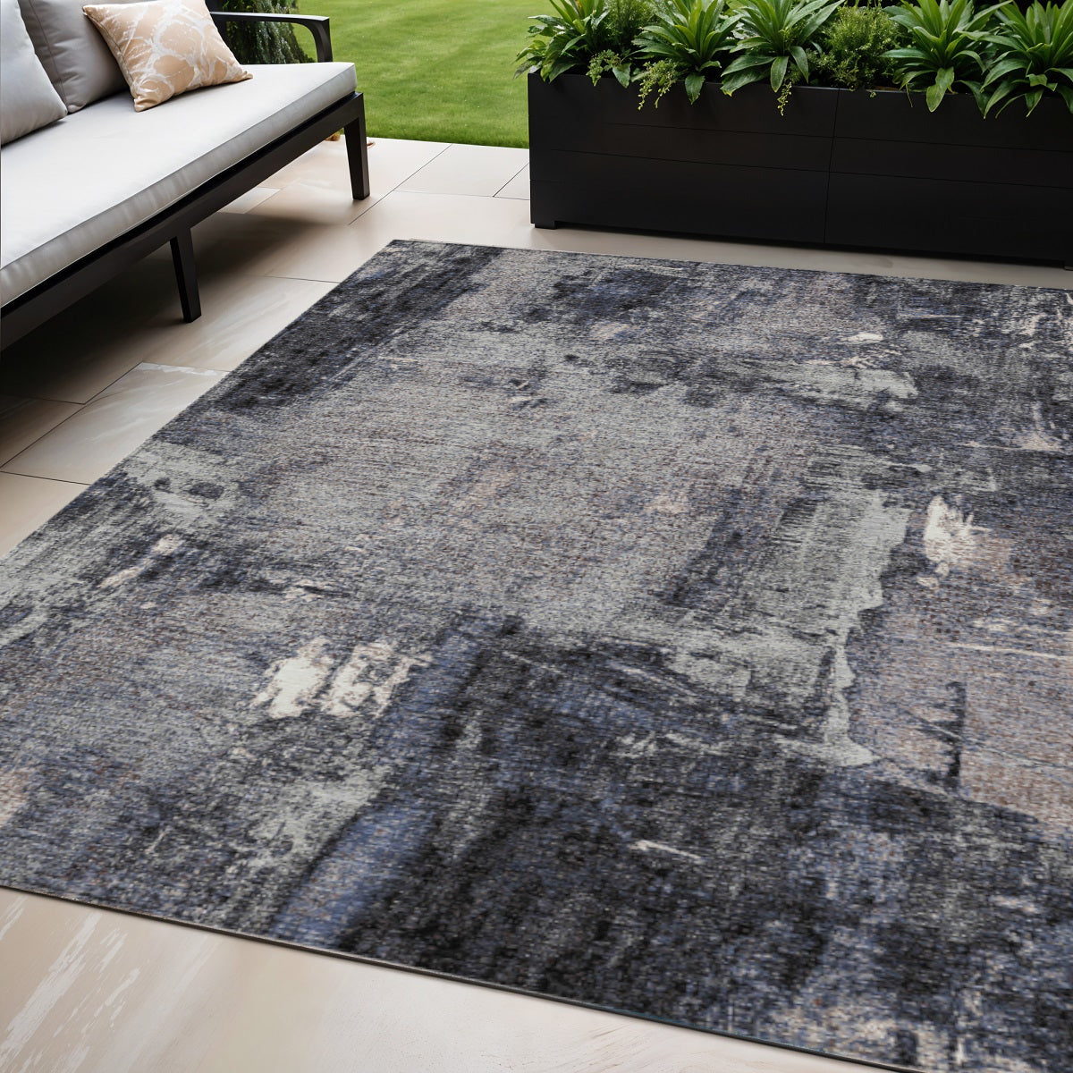 5' X 8' Charcoal Ivory And Blue Abstract Washable Indoor Outdoor Area Rug