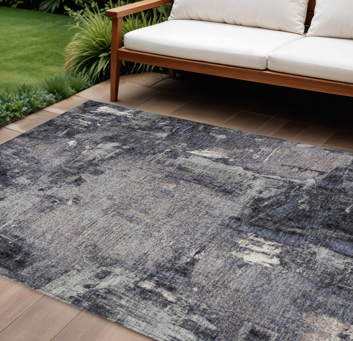 9' X 12' Charcoal Ivory And Blue Abstract Washable Indoor Outdoor Area Rug