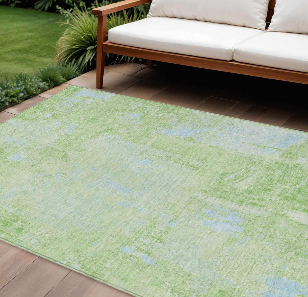 9' X 12' Green And Sky Blue Abstract Washable Indoor Outdoor Area Rug