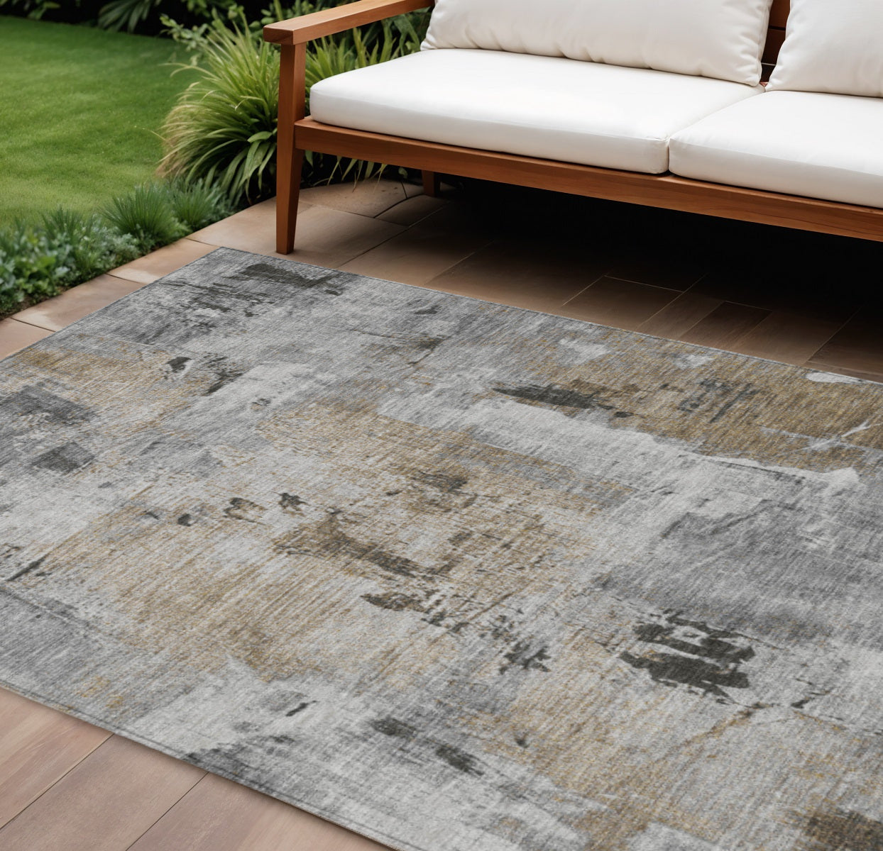 9' X 12' Gray Ivory And Brown Abstract Washable Indoor Outdoor Area Rug