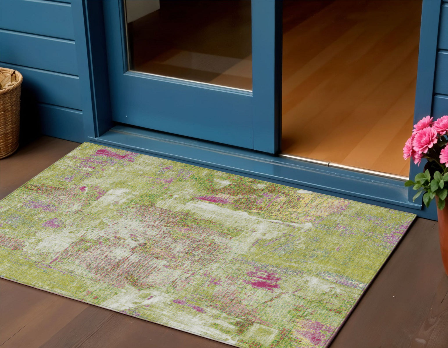 3' X 5' Lime Green Ivory And Pink Abstract Washable Indoor Outdoor Area Rug