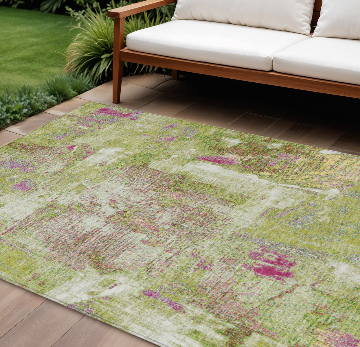 9' X 12' Lime Green Ivory And Pink Abstract Washable Indoor Outdoor Area Rug