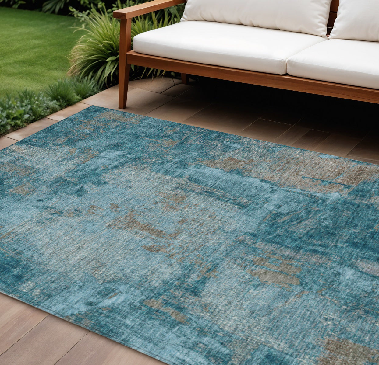 9' X 12' Teal Blue And Gray Abstract Washable Indoor Outdoor Area Rug