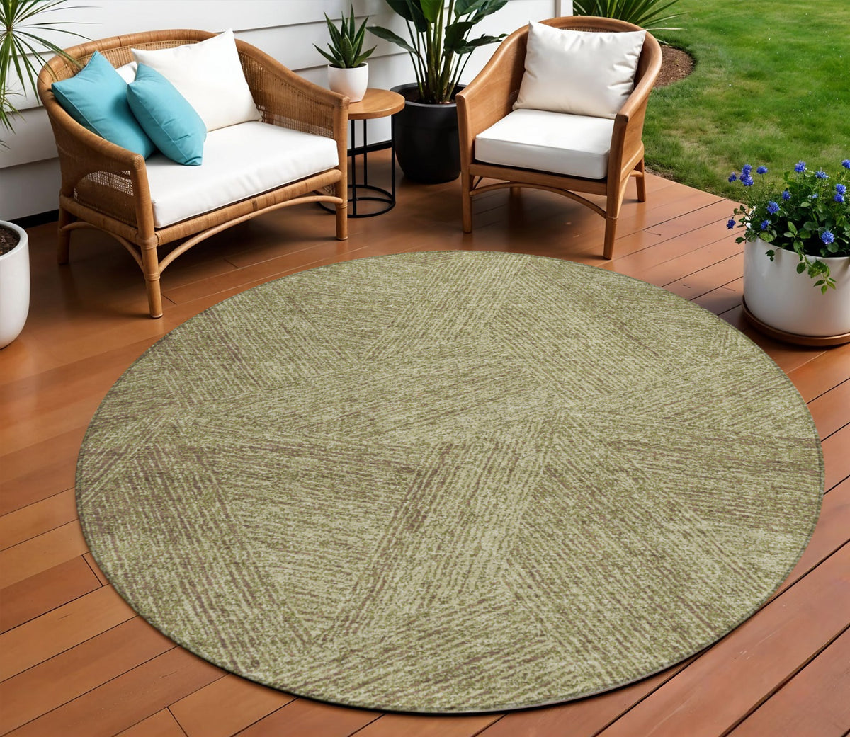 8' Green Beige And Brown Round Abstract Washable Indoor Outdoor Area Rug