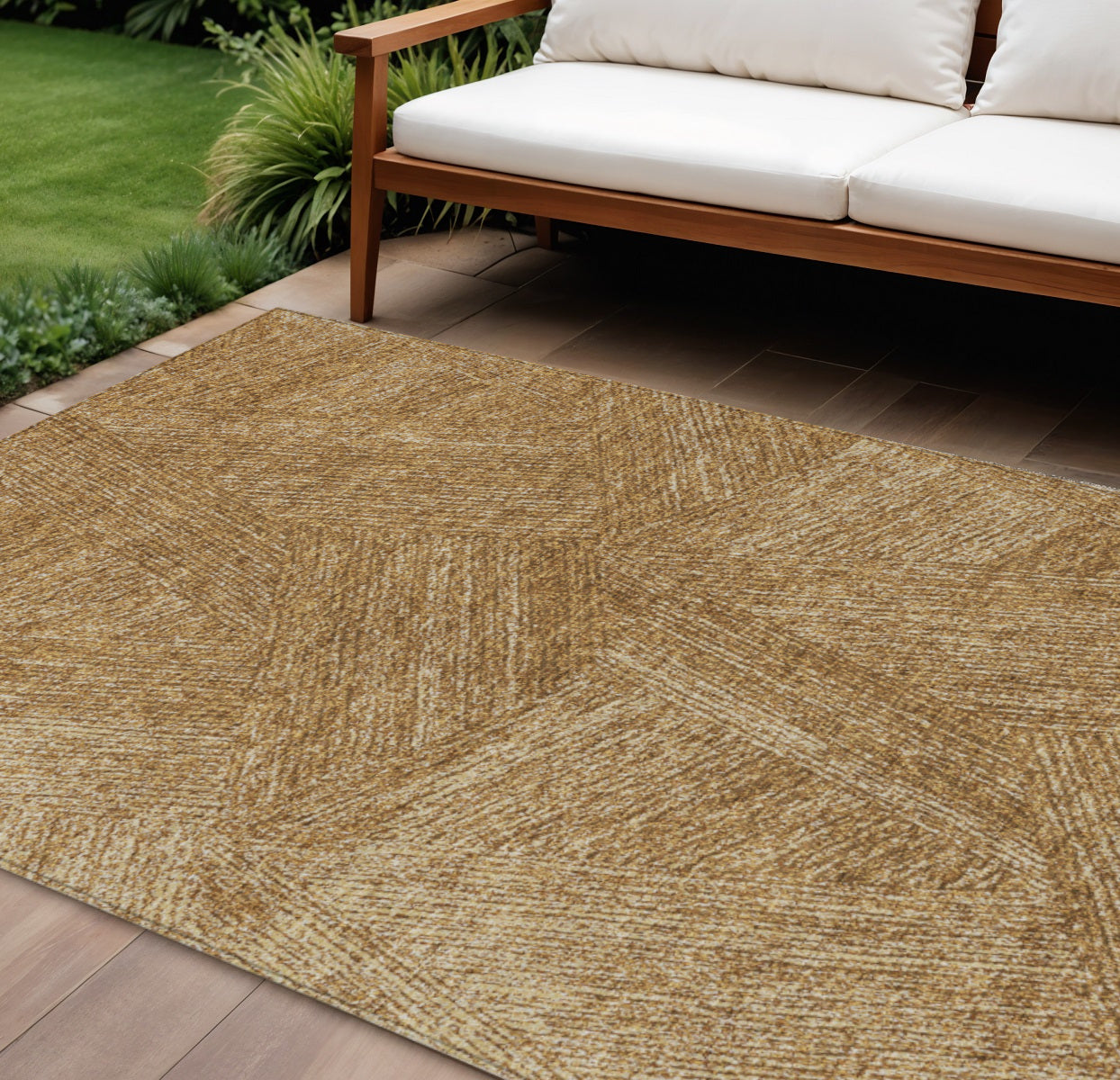 9' X 12' Gold Brown And Ivory Abstract Washable Indoor Outdoor Area Rug