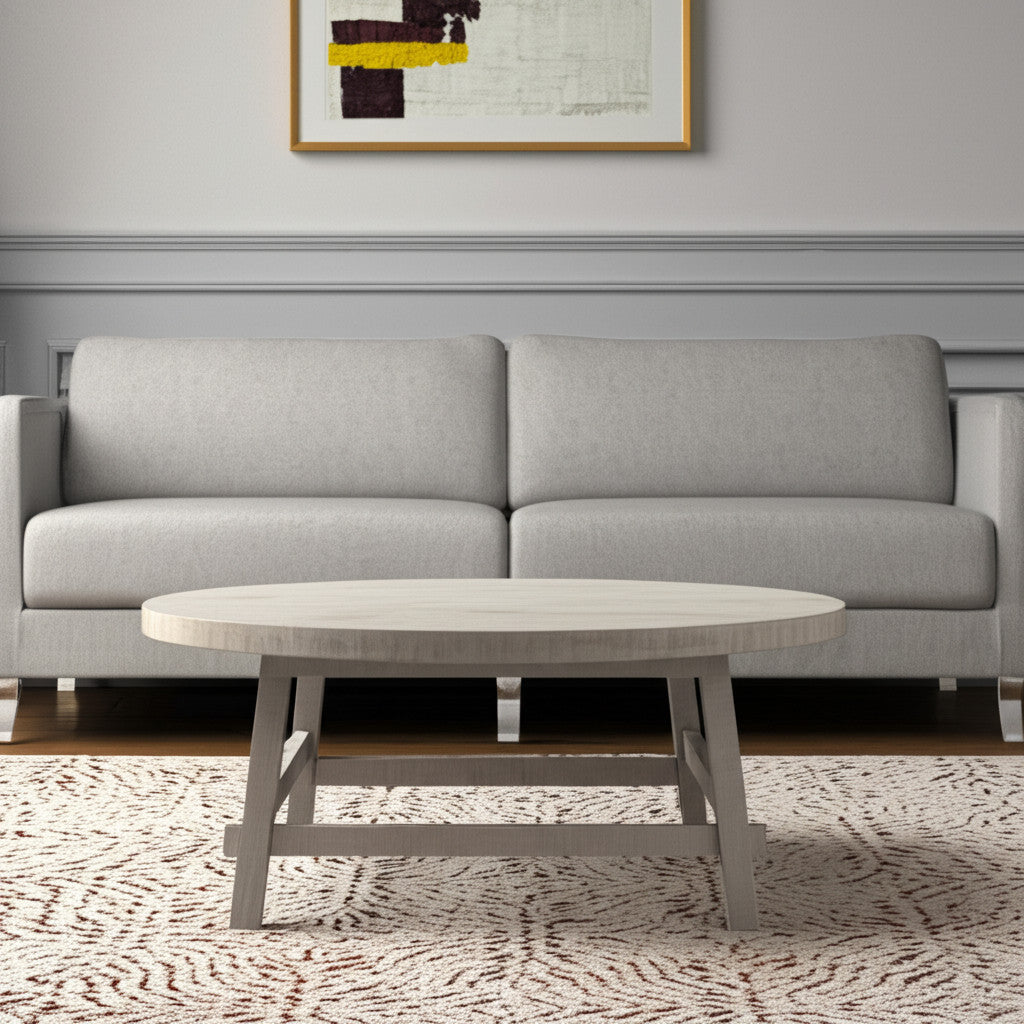 36'' White and Natural Solid Wood Round Distressed Coffee Table