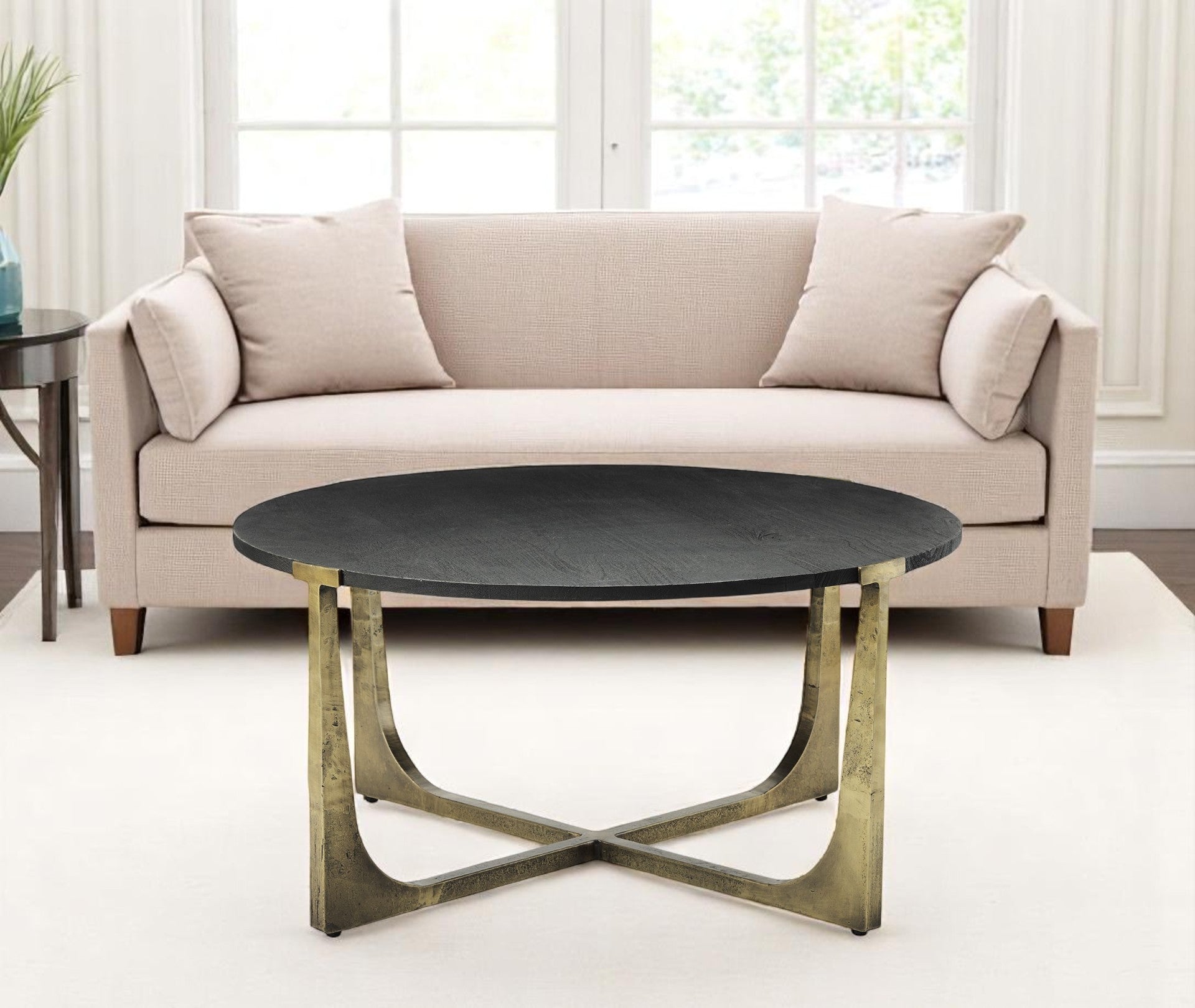 34'' Antiqued Gold Solid Wood and Iron Round Distressed Coffee Table