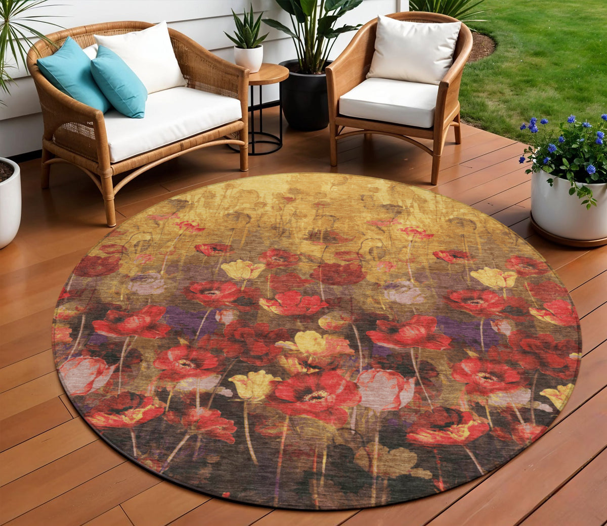 8' Gold Red And Brown Round Floral Washable Indoor Outdoor Area Rug