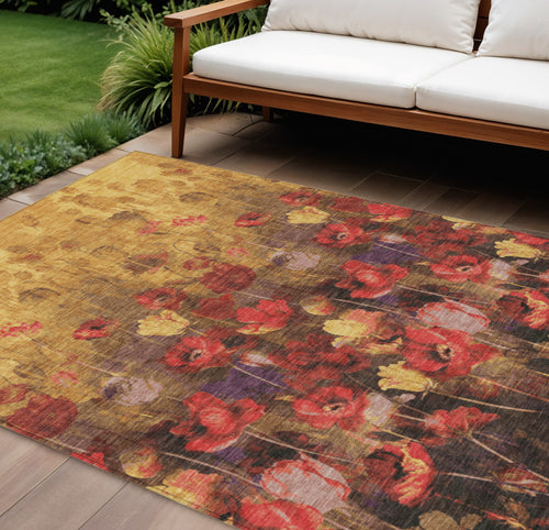 10' X 14' Gold Red And Brown Floral Washable Indoor Outdoor Area Rug