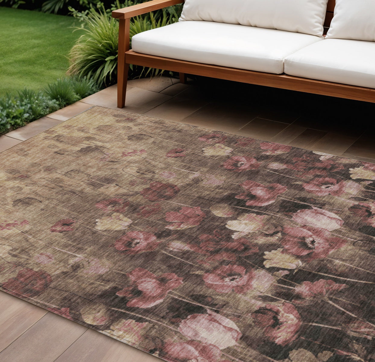 9' X 12' Taupe Brown And Pink Floral Washable Indoor Outdoor Area Rug