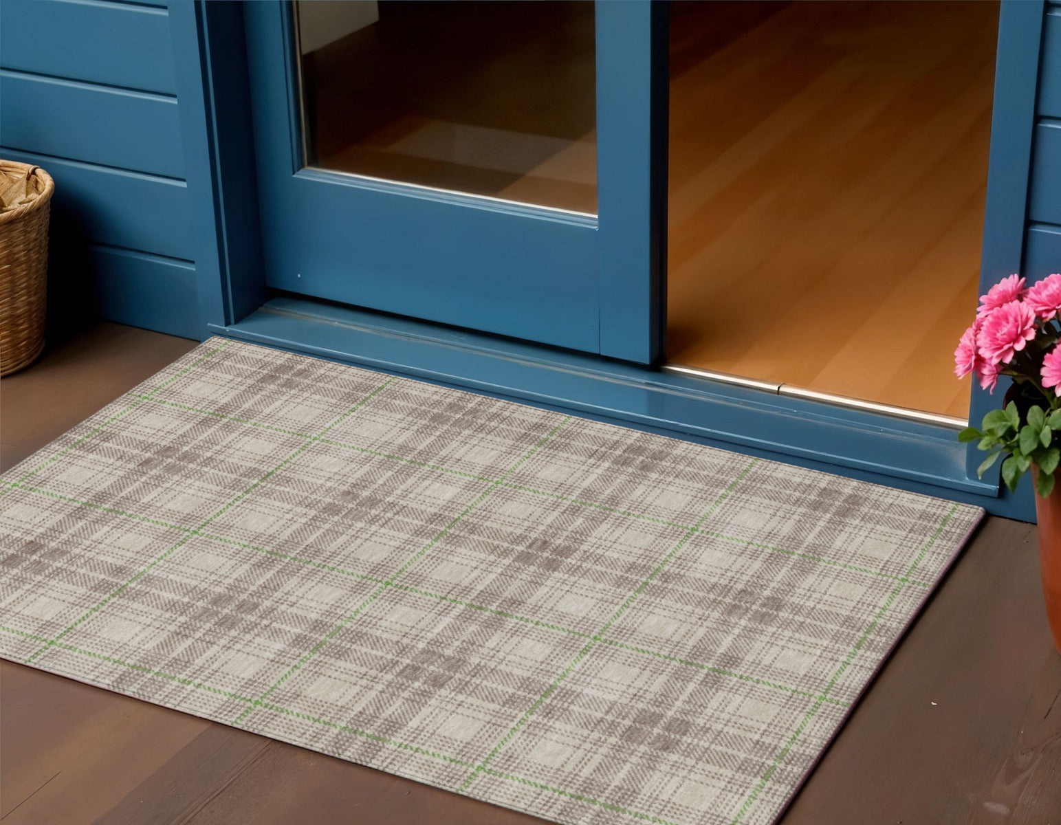 3' X 5' Beige Ivory And Green Plaid Washable Indoor Outdoor Area Rug