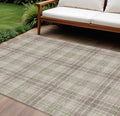 9' X 12' Beige Ivory And Green Plaid Washable Indoor Outdoor Area Rug