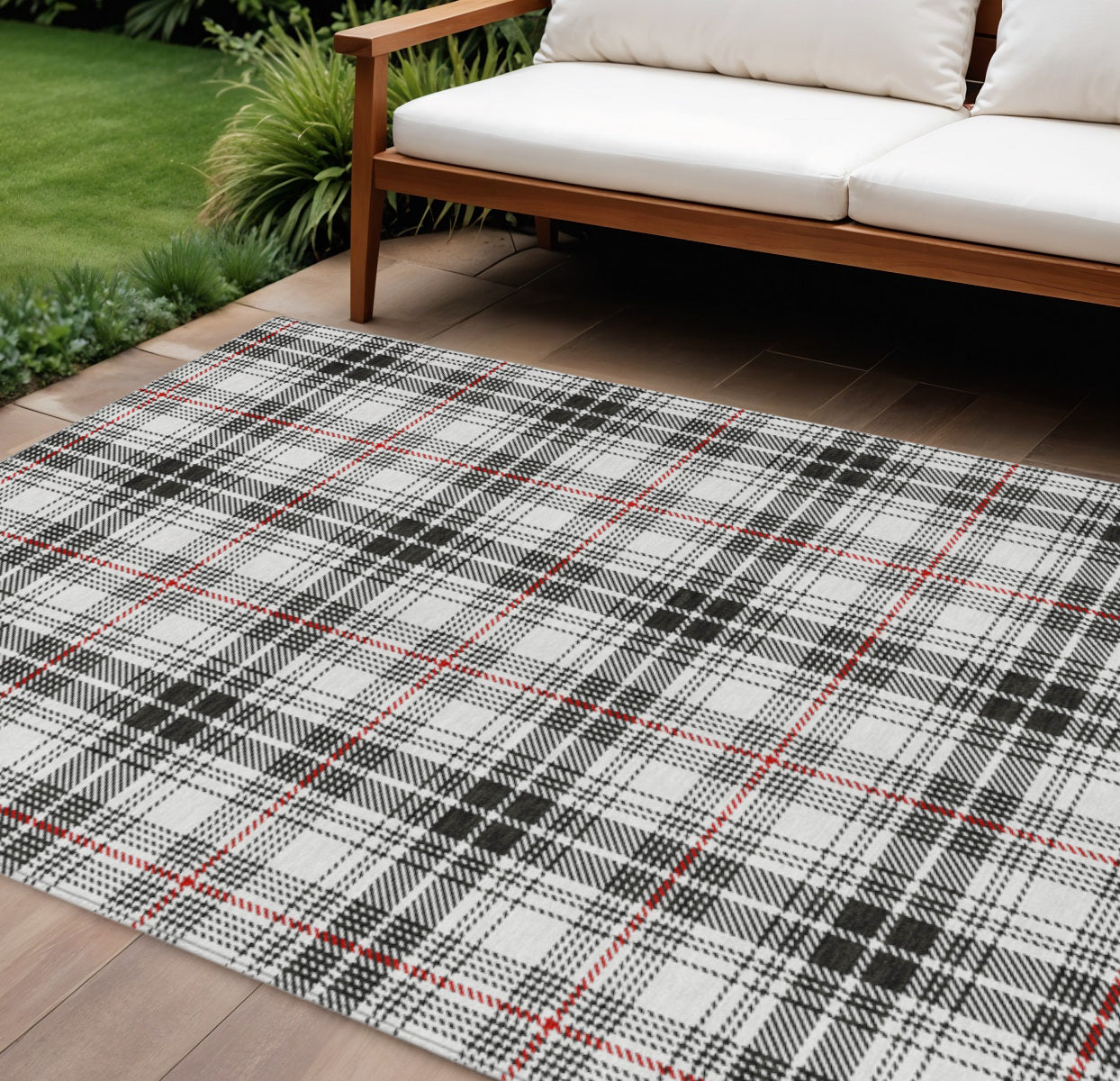 10' X 14' Black Ivory And Red Plaid Washable Indoor Outdoor Area Rug