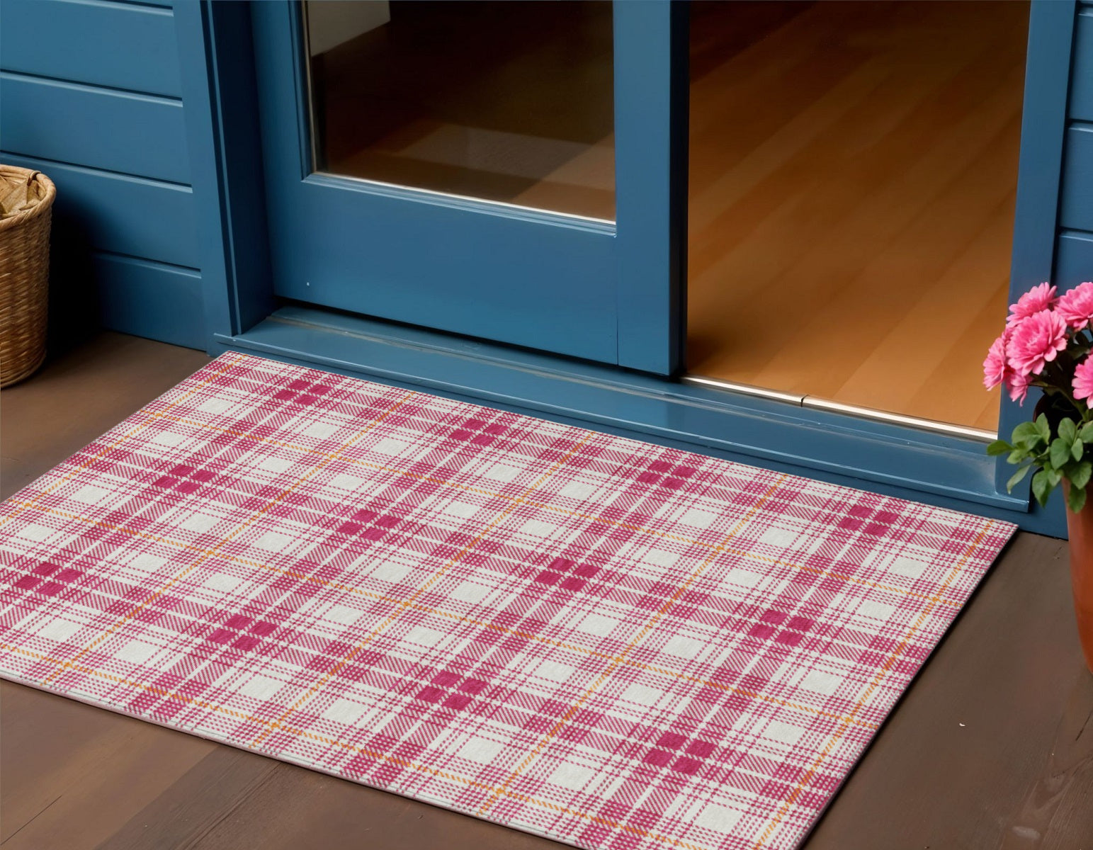 3' X 5' Blush Ivory And Copper Plaid Washable Indoor Outdoor Area Rug