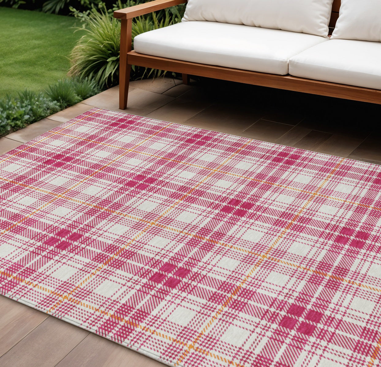 10' X 14' Blush Ivory And Copper Plaid Washable Indoor Outdoor Area Rug