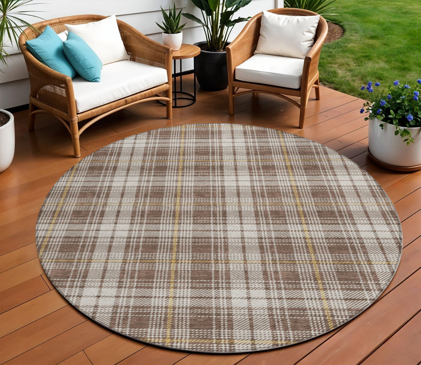 8' Brown Beige And Gold Round Plaid Washable Indoor Outdoor Area Rug