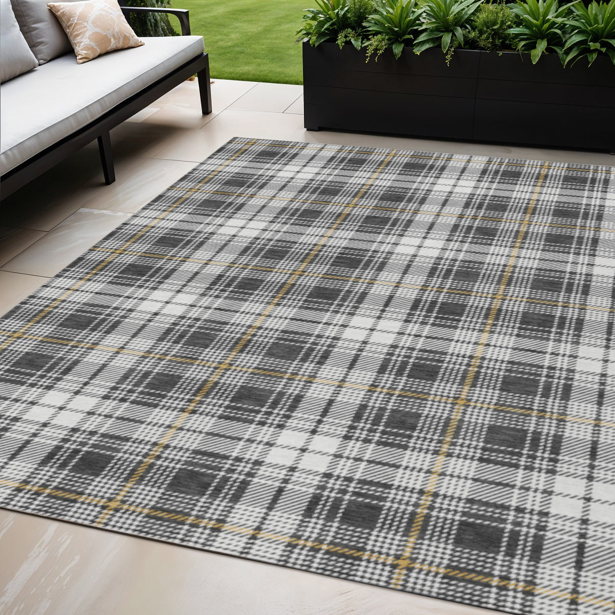 5' X 8' Charcoal Ivory And Gold Plaid Washable Indoor Outdoor Area Rug