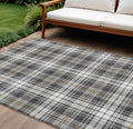 9' X 12' Charcoal Ivory And Gold Plaid Washable Indoor Outdoor Area Rug