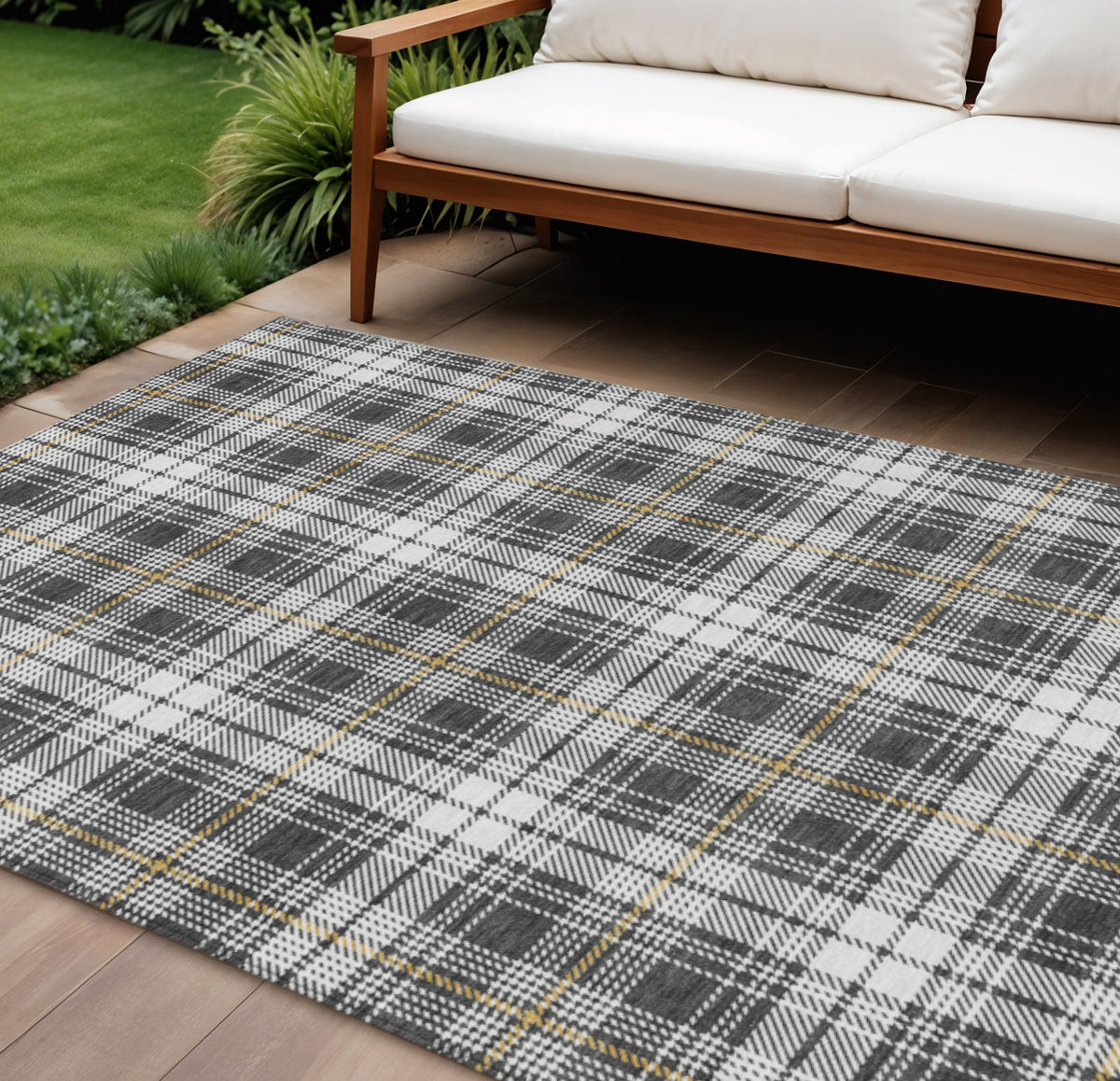 9' X 12' Charcoal Ivory And Gold Plaid Washable Indoor Outdoor Area Rug