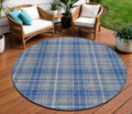 8' Gray Blue And Ivory Round Plaid Washable Indoor Outdoor Area Rug