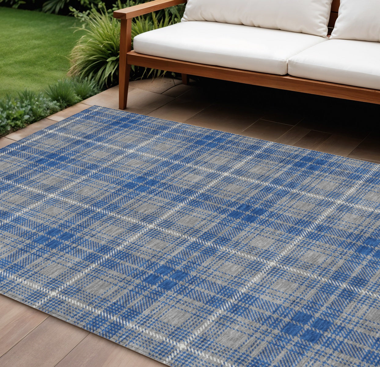9' X 12' Gray Blue And Ivory Plaid Washable Indoor Outdoor Area Rug