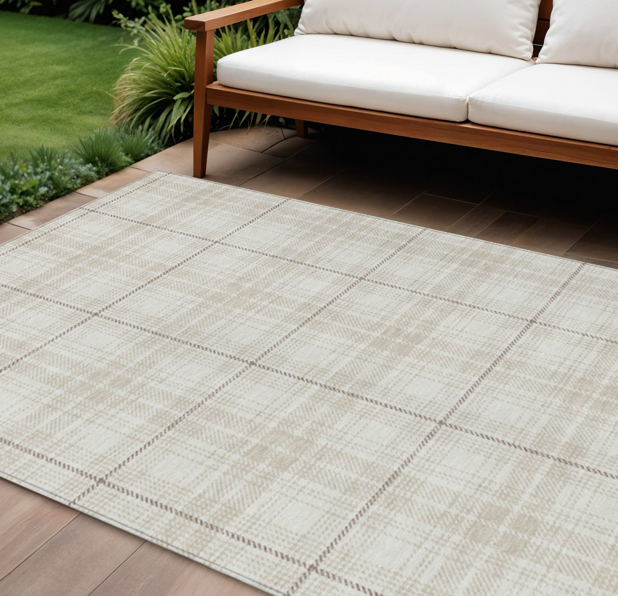 9' X 12' Ivory Beige And Brown Plaid Washable Indoor Outdoor Area Rug