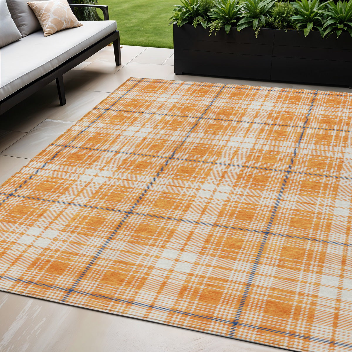 5' X 8' Orange Blue And Ivory Plaid Washable Indoor Outdoor Area Rug