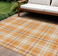 10' X 14' Orange Blue And Ivory Plaid Washable Indoor Outdoor Area Rug