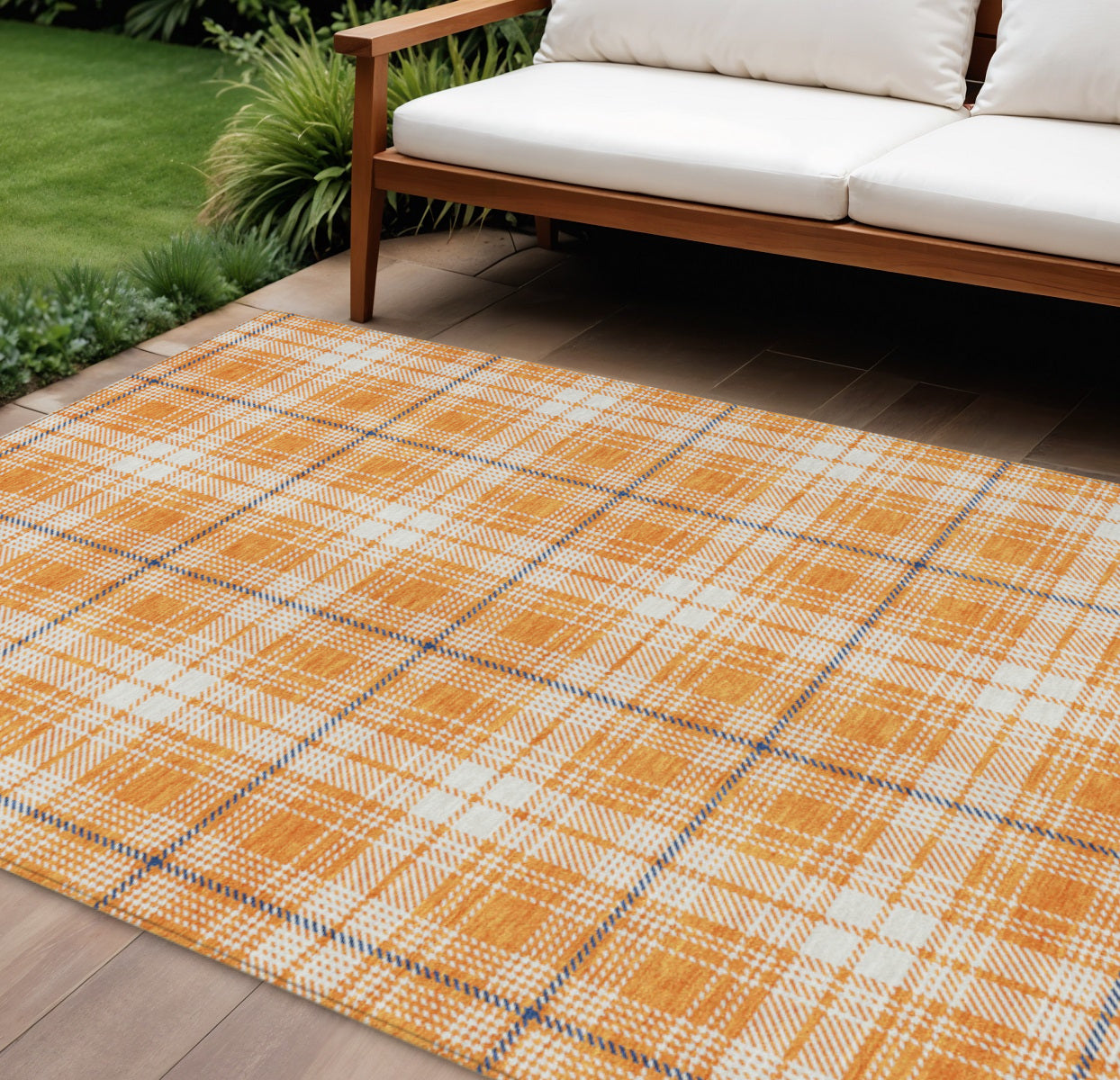 10' X 14' Orange Blue And Ivory Plaid Washable Indoor Outdoor Area Rug