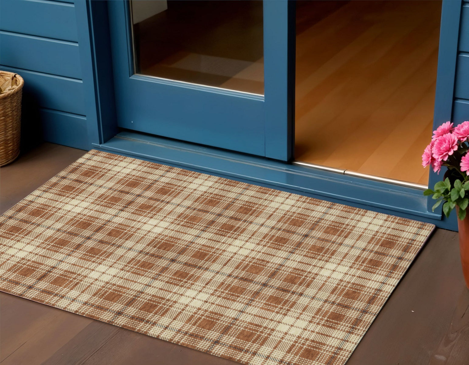 3' X 5' Brown Black And Beige Plaid Washable Indoor Outdoor Area Rug